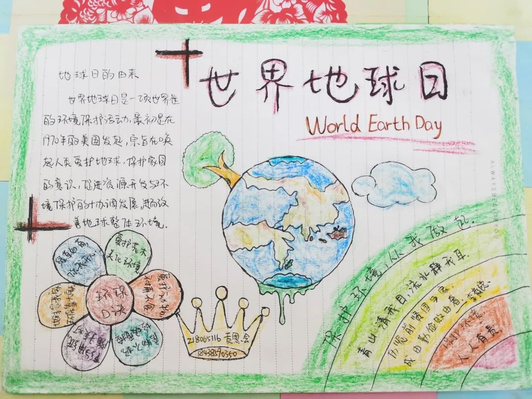 "世界地球日"说明这个手抄报的主题;棕色框里的文字介绍就是清晰的